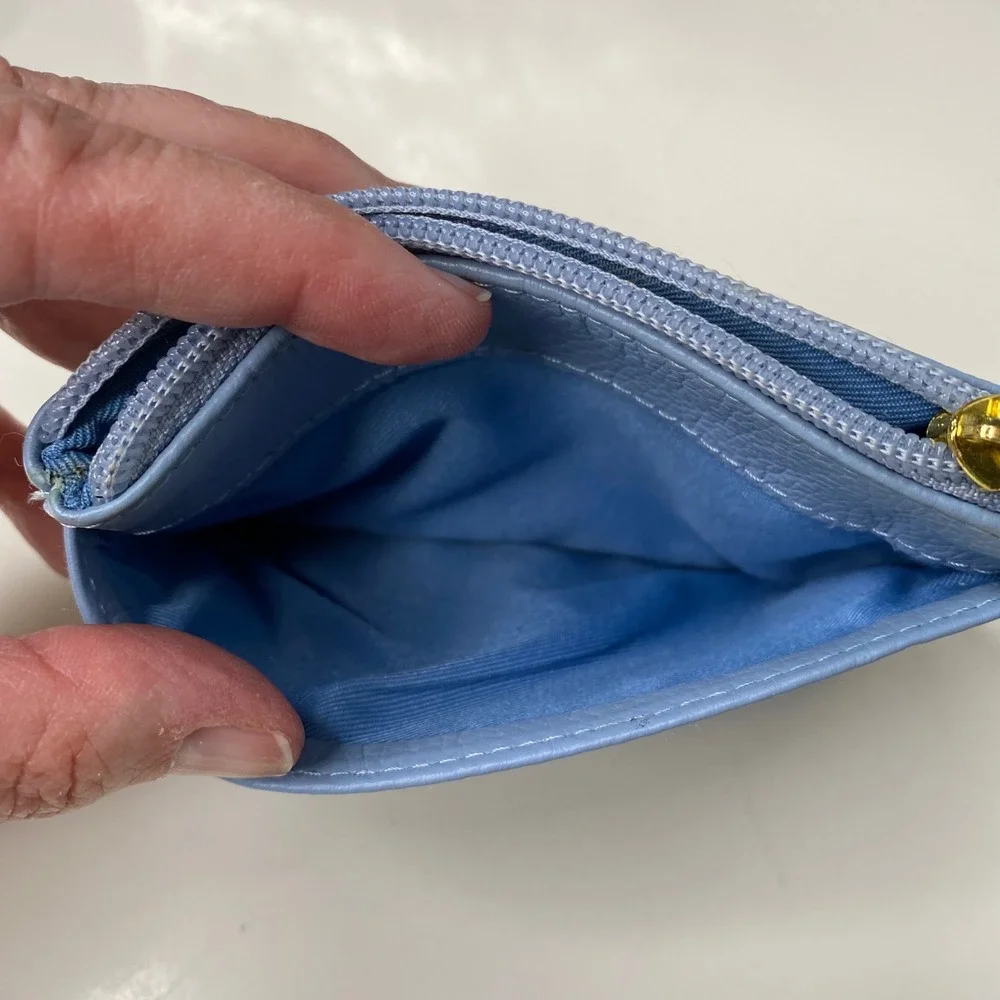 Lodis Blue Pebbled Leather Zip Card Case Coin Purse Wallet Gold Tone‎ Hardware